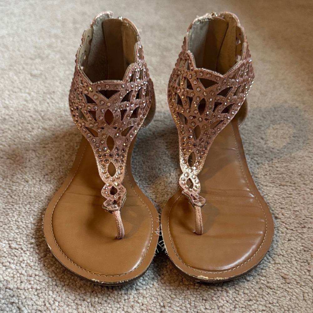 Embellished Pink T-Strap Sandals - Women's